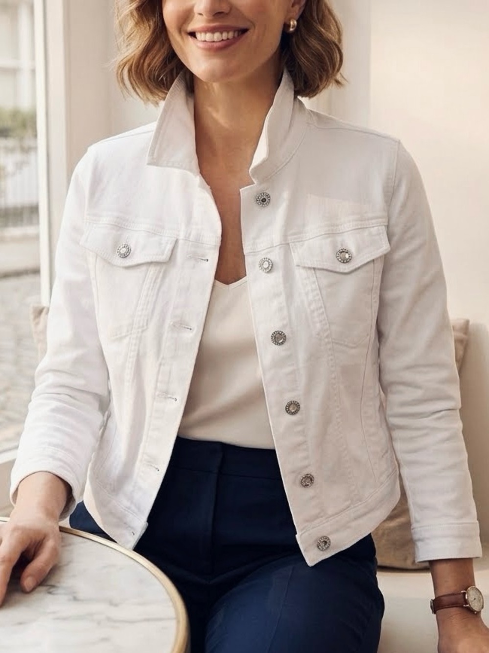 Tala Jean Jacket Classic White Denim rhinestone gemstone silver Button large NWT